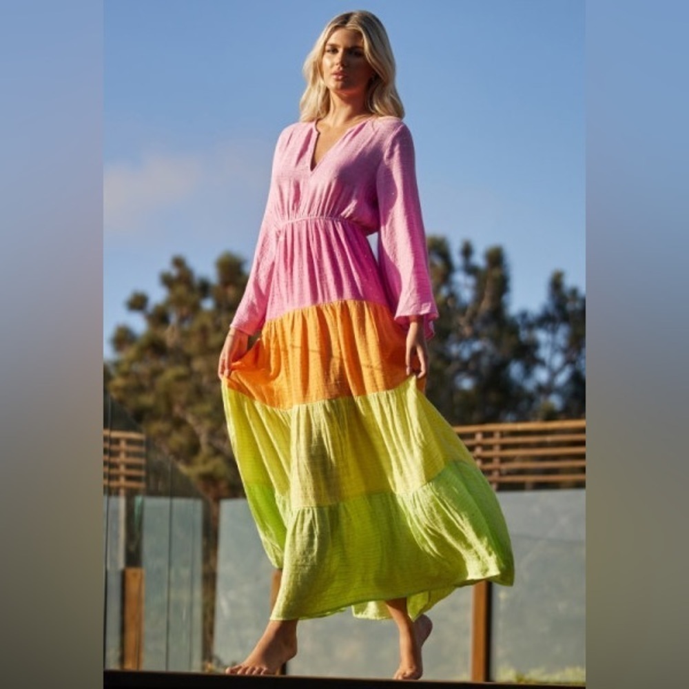 PQ Swim Rainbow Colorblock Maxi Dress Beach Coverup XS/S NWT - Picture 2 of 12